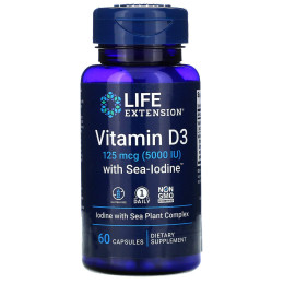 Витамин Д3 с морским йодом, Vitamin D3 with Sea-Iodine, Life Extension, 5000 МЕ, 60 капсул