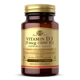 Вітамін Д3 натуральний смак полуниці і банана Solgar (Vitamin D3 Natural Strawberry And Banana Flavor) 1000 МО 100 жувальних таблеток