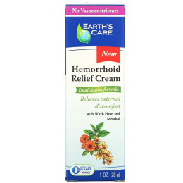 Крем для облегчения геморроя, с гамамелисом и ментолом, Hemorrhoid Relief Cream, with Witch Hazel and Menthol, Earth's Care, 28 г