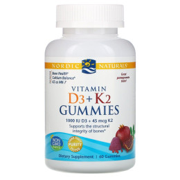 Жевательные витамины Д3 + K2, гранат, Nordic Vitamin D3 + K2 Gummies, Nordic Naturals, 60 мишек