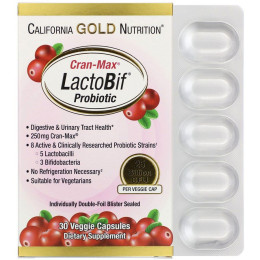 Пробиотики с клюквой California Gold Nutrition (LactoBif Cran-Max) 25 млрд КОЕ 30 растительных капсул