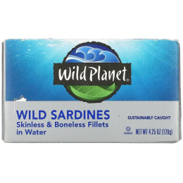 Дикие сардины, филе без кожи и костей в воде, Wild Sardines, Skinless & Boneless Fillets in Water, Wild Planet, 120 г