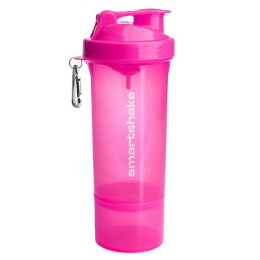 Шейкер 2 в 1 с контейнером внизу НЕОН розовый SmartShake (Slim NEON Pink) 500 мл