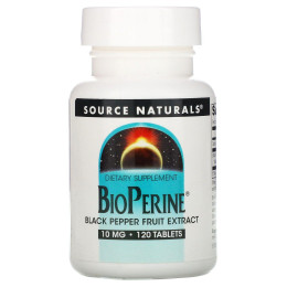 БиоПерин, Bioperine Black Pepper Fruit Extract, Source Naturals, 10 мг, 120 таблеток