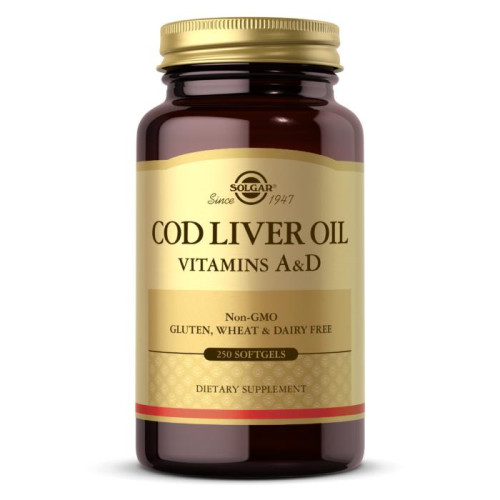 Витамины А и Д3 из печени трески Solgar (Vitamins A and D3 Cod Liver Oil) 1250 МЕ/135 МЕ 250 капсул