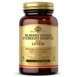 Комплекс для зору чорниця гінкго білоба і лютеїн Solgar (Bilberry Ginkgo Eyebright Plus Lutein) 60 капсул