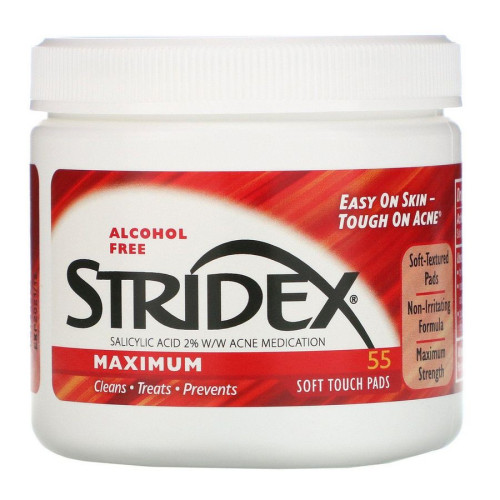 Одношаговое средство от угрей, максимальная сила, без спирта, Stridex, 55 мягких салфеток