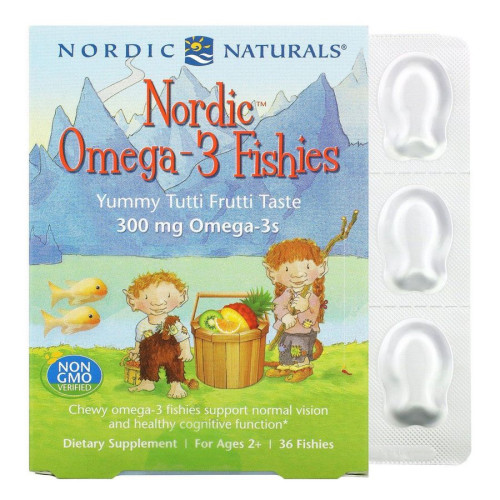 Конфеты в виде рыбок от Nordic с омега-3, со вкусом засахаренных фруктов, Nordic Naturals, 300 мг, 36 конфет