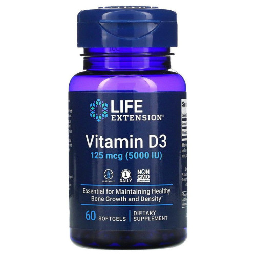 Вітамін Д3, Vitamin D3, Life Extension, 5000 МО, 60 гелевих капсул