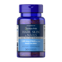 Hair Skin Nails (One perday formula) 2500 mcg of Biotin - 30 Softgels Puritans Pride