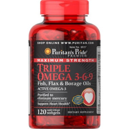 Maximum Strenght Triple Omega 3 6 9 Fish Flax Borage Oils - 120 Softgels Puritans Pride