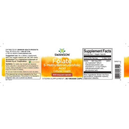 Folate, 5-Methyltetrahydrofolic Acid, 800 mcg, 30 Veggie Swanson