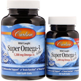 Супер Омега-3 Carlson Super Omega·3 Gems, Fish Oil Concentrate, 600 mg, 100 Soft Gels + Free 30 Soft Gels Carlsson