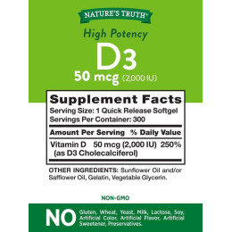 High Potency Vitamin D3, 50 mcg (2,000 IU), 300 Quick Release Softgels Nature's Truth