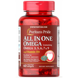 Всі в одному Омега All in Omega - 3,5,6,7 & 9 Plus D3 60 Softgels Puritan's Pride