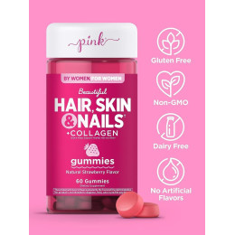 Hair, Skin, Nails & Collagen Gummies (Natural Strawberry), 60 Gummies Pink