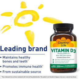 High Potency Vitamin D3 10000 IU 200 Softgels Country Life