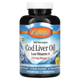 Риб'ячий жир з печінки тріски і вітамін А Carlson Wild Norwegian, Cod Liver Oil Gems, Low Vitamin A, Natural Lemon , 230 mg, 150 Carlsson