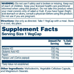 Betaine HCl 250mg - 180 vcaps Solaray