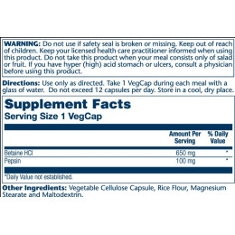 High Potency Betain HCl with Pepsin 650mg - 100 vcaps Solaray