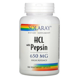 Бетаин HCL с пепсином, High Potency Betaine HCL with Pepsin, Solaray, 650 мг, 100 вегетарианских капсул