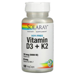 Витамин Д3 и К2 Solaray (Vitamin D-3 & K-2) 5000 МЕ/50 мкг 120 капсул