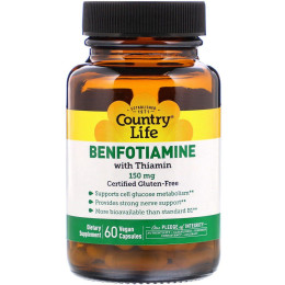 Бенфотиамин, с коферментом B1, B1 with Benfotiamine, Country Life, 150 мг, 60 растительных капсул