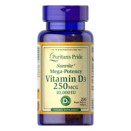 Vitamin D3 250mcg (10000 IU) Mega-Potency - 200 softgels Puritans Pride