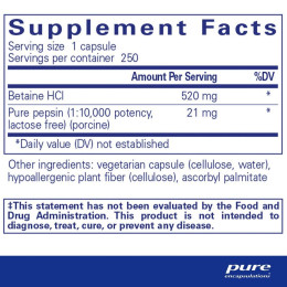 Бетаїн HCL Пепсин Pure Encapsulations (Betaine HCL Pepsin) 250 капсул