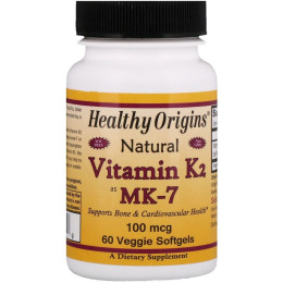 Витамин K2 в форме MK7, натуральный, Vitamin K2 As MK-7 Supplement, Healthy Origins, 100 мкг, 60 капсул в растительной оболочке