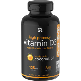 Витамин Д3 с кокосовым маслом Sports Research (Vitamin D3) 125 мкг 5000 МЕ 360 гелевых капсул