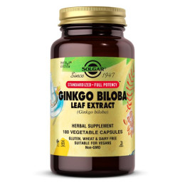 Экстракт листьев Гинкго Билоба Solgar (Ginkgo Biloba Leaf Extract) 180 капсул на растительной основе