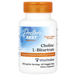 Холін L-бітартрат Doctor's Best Choline L-Bitartrate, 550 mg, 60 Veggie Caps (275 mg Per Capsule) Doctor's s Best