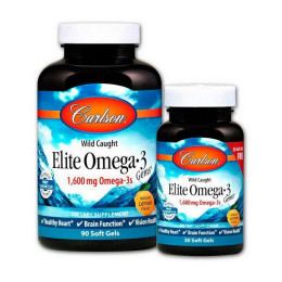 Рыбий жир с Oмега-3 (Elite omega-3) 1600 мг, Carlson Labs, 90+30 мягких капсул, Лимон