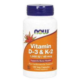 Вітамін D3 з вітаміном К2 (Vitamin D3&K2) 1000 МО / 45 мкг, Now Foods, 120 веган капсул