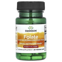 Фолієва кислота Swanson Folate, 5-Methyltetrahydrofolic Acid 680 mcg 30 вегетаріанських капсул Swanson