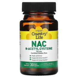 N-Ацетил-L-Цистеїн Country Life NAC 750 mg 30 Vegan Capsules Country Life