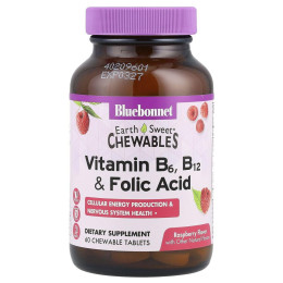 Вітаміни B6 B12 + фолієва кислота Bluebonnet Nutrition (Vitamin B6 B12 plus Folic Acid) 60 таблеток зі смаком малини