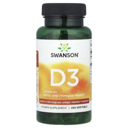 Swanson, Витамин D3, для поддержки здоровья и иммунитета, высочайшая эффективность, 5000 МЕ, 250 мягких таблеток