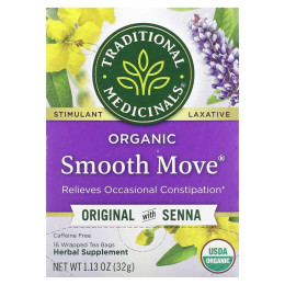 Organic Smooth Move, проносне на основі сени, без кофеїну, Traditional Medicinals, 16 чайних пакетиків в індивідуальній упаковці, 113 унції (32 г)