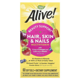 Alive, Мультивитамины для волос, кожи и ногтей, со вкусом клубники, Nature's Way, 60 капсул