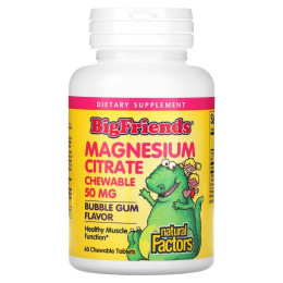 Цитрат магния, со вкусом жевательной резинки, Big Friends, Magnesium Citrate, Bubble Gum Flavor, Natural Factors, 50 мг, 60 жевательных таблеток