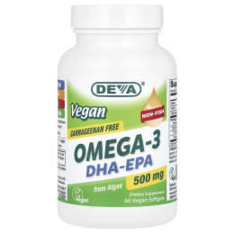 Deva, Vegan Omega-3 DHA-EPA, 500 мг, 60 веганских мягких таблеток