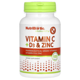 Витамин C Витамин Д3 и цинк для иммунитета NutriBiotic (Immunity Vitamin C + D3 & Zinc) 100 капсул