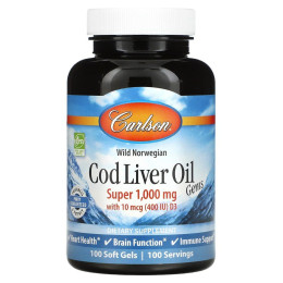 Капсули з жиру печінки дикої норвезької тріски, вищої якості, Cod Liver Oil Gems, Carlson Labs, 1000 мг, 100 гелевих капсул