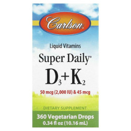 Жидкие витамины Д3 и К2, Super Daily D3+K2, Carlson Labs, 50 мкг, 0,34 ж. унц. (10,16 мл)