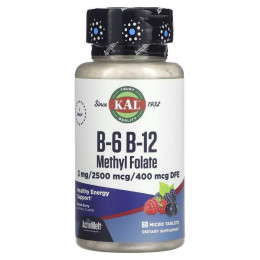 Витамин В-6 и В-12 метилфолат, смешанная ягода, B-6, B-12 Methyl Folate ActivMelt, KAL, 3 мг/2500 мкг/400 мкг, 60 таблеток