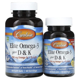Комплекс омега-3 и витамин Д и K вкус лимона Carlson Labs (Elite Omega-3 Plus D & K Natural Lemon Flavor) 60 мягких таблеток + 30 таблеток в подарок