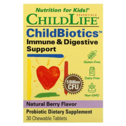 Підтримка імунітету і травлення натуральний ягідний смак ChildLife (Immune & Digestive Support) 5 мільярдів КУО 30 жувальних таблеток
