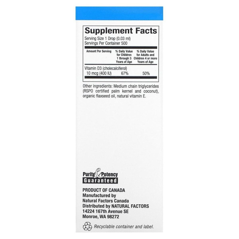 Капли витамина D3, без ароматизаторов, Natural Factors, 400 МЕ, 0,5 ж. унц. (15 мл)